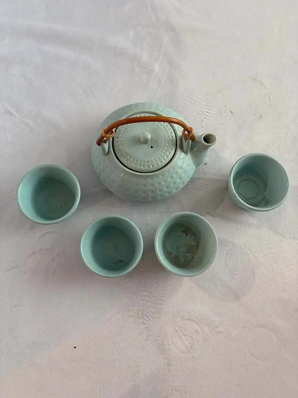 Pier 1 Imports Stoneware Teapot and 4 Tea Cup Set in Light Blue Textured Finish